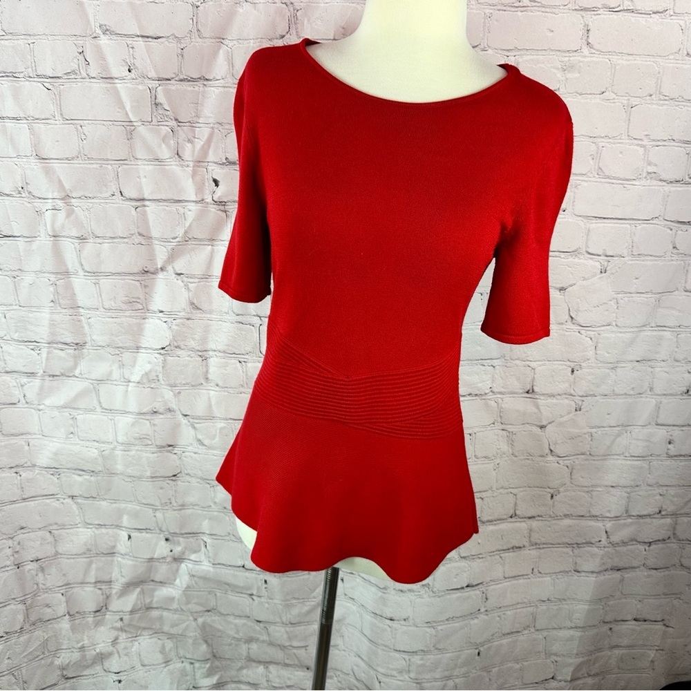 Talbots petite Mp deep Red Short Sleeve sweater knit Top office holiday texture